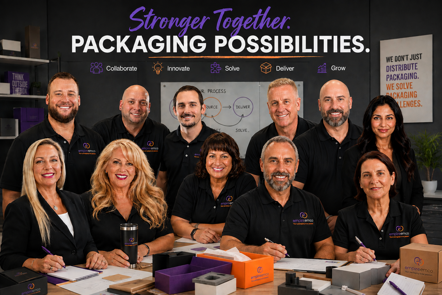 Empire EMCO Regional Sales Managers gathered together in a collaborative workspace with packaging samples, representing teamwork, packaging expertise, and customer-focused solutions.