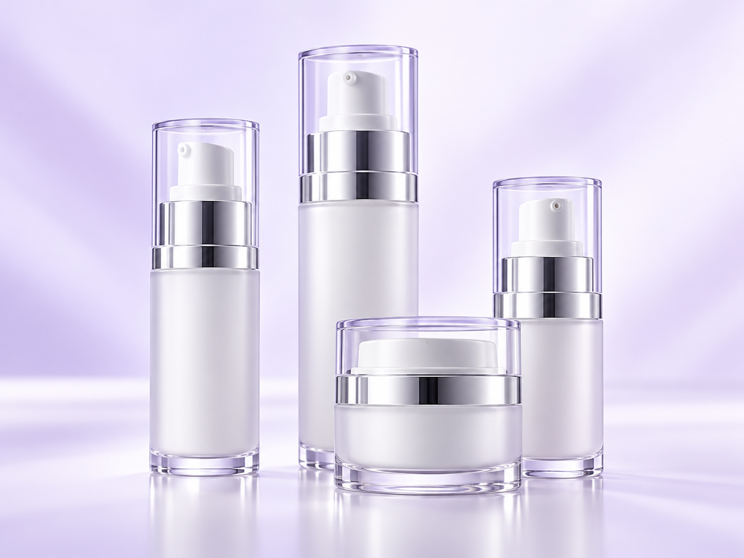 Airless pump skincare packaging featuring white and frosted cosmetic bottles with precision dispensers and protective caps.