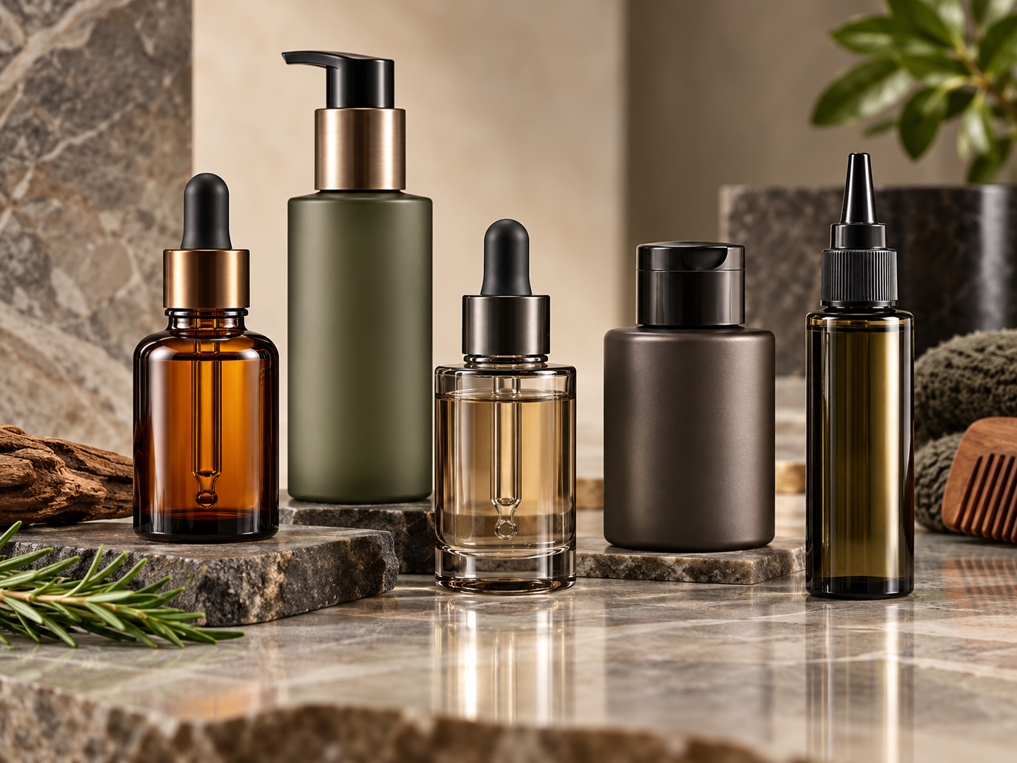 Men's beard care packaging featuring amber and clear glass dropper bottles, an olive-green treatment pump bottle, charcoal dispensing bottle and precision-tip applicator.