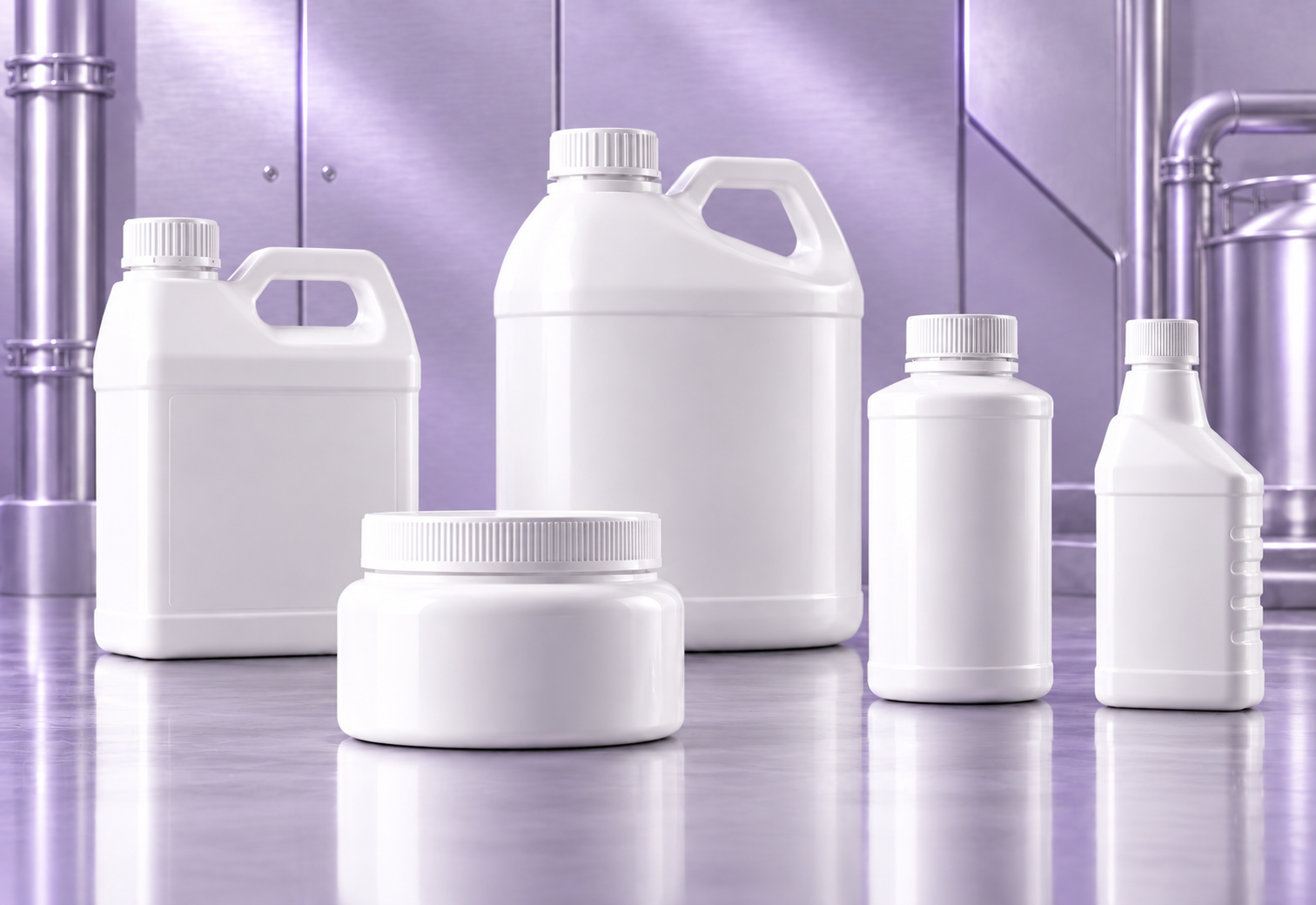 Industrial packaging including HDPE chemical jugs, F-style bottles and handled containers