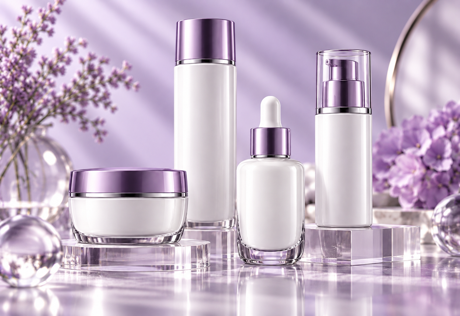 Premium cosmetic packaging including skincare jars, serum bottles and dispensing containers