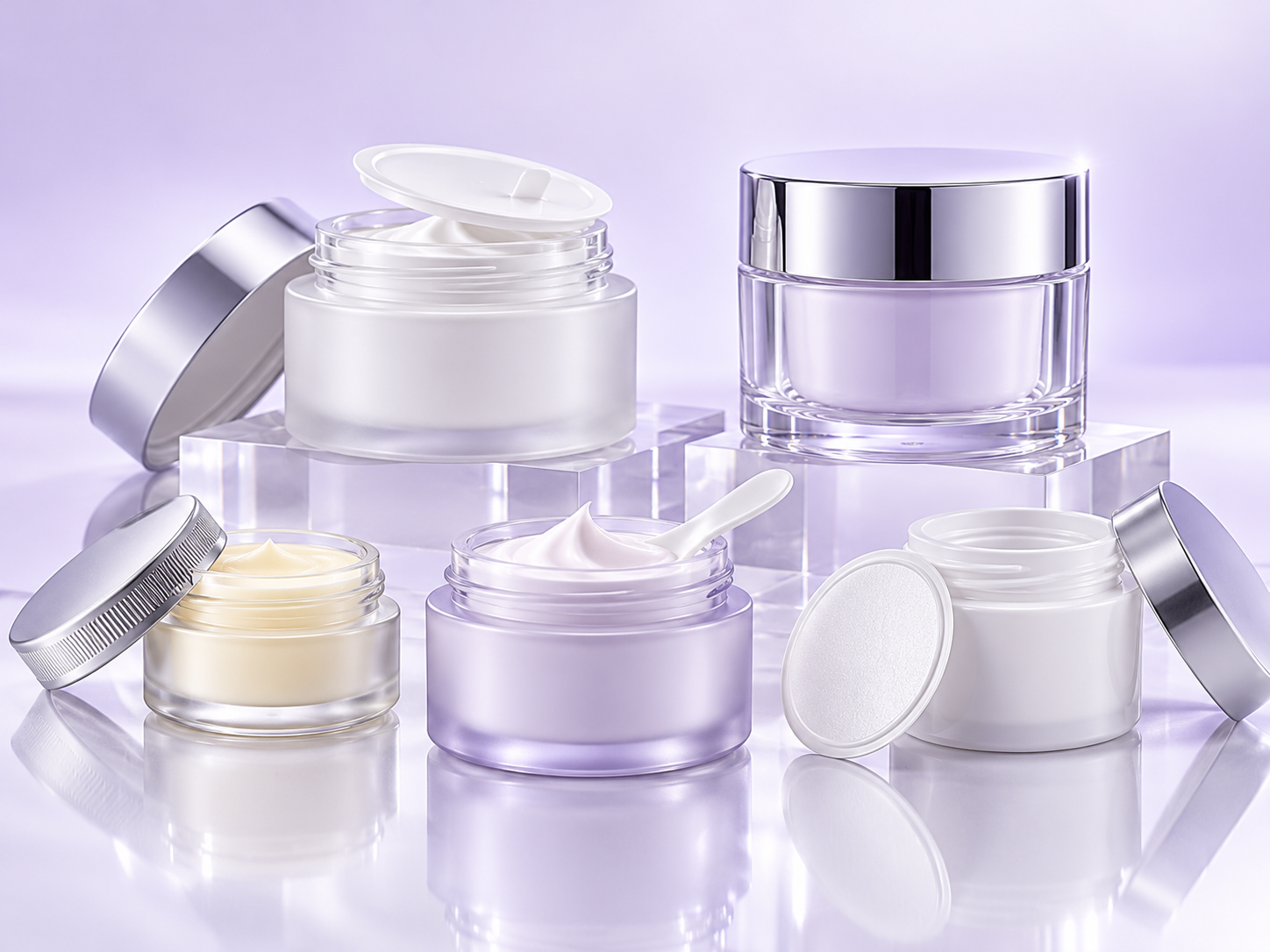 Dermocosmetic cream and balm jars featuring inner sealing discs, liners, screw closures and cream applicators.