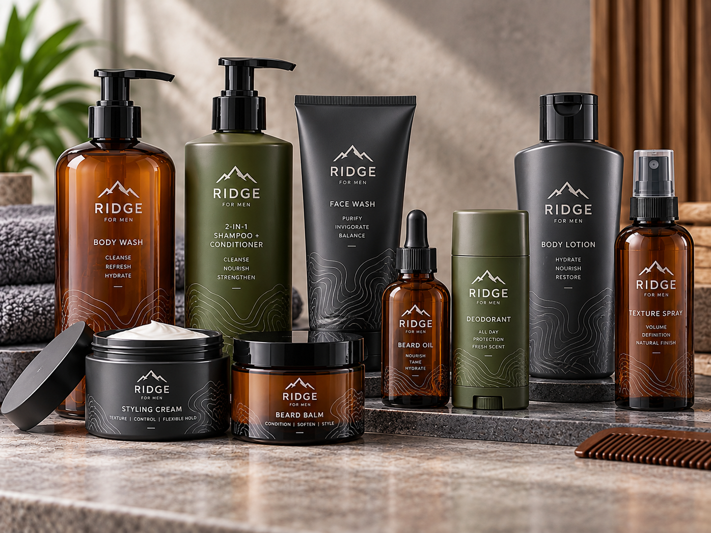 Conceptual coordinated men's grooming packaging family with matching RIDGE branding across amber pump bottles, olive-green shampoo bottles, charcoal tubes, beard oil droppers, jars and deodorant containers.