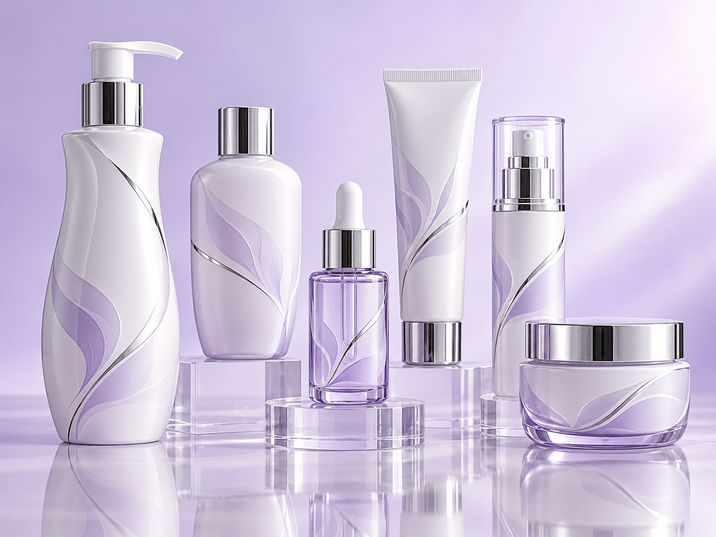 Coordinated custom skincare packaging family featuring distinctive lotion bottles, serum droppers, treatment tubes, airless pumps and cream jars with matching decoration.