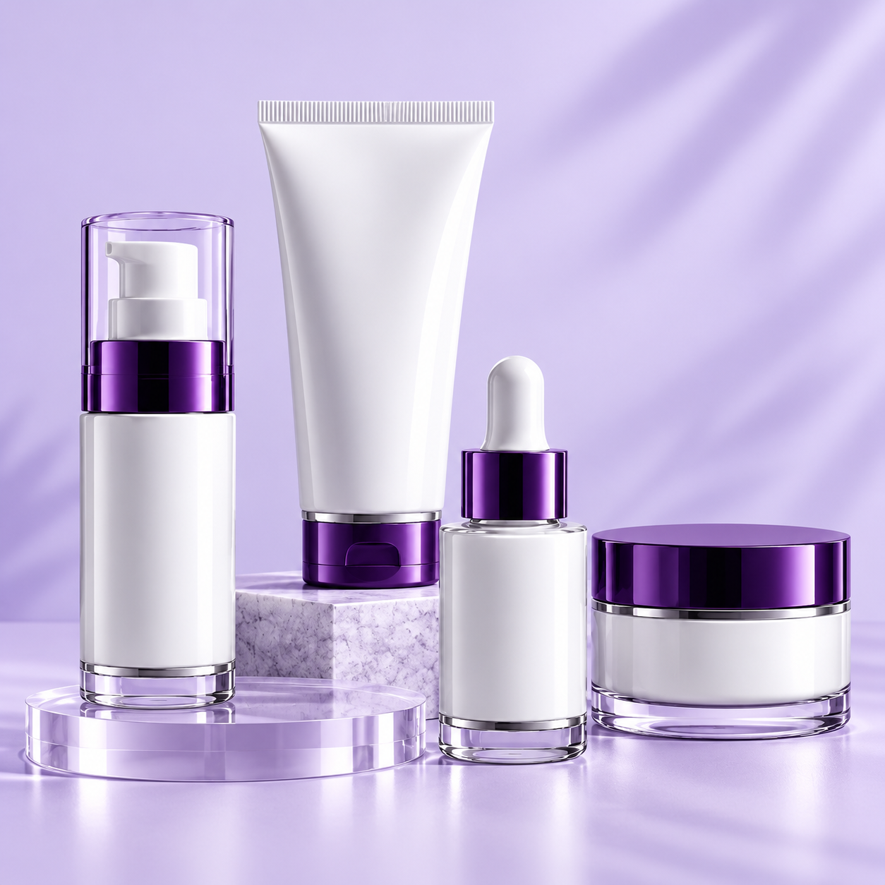 Dermocosmetic skincare packaging including an airless pump, treatment tube and serum bottle