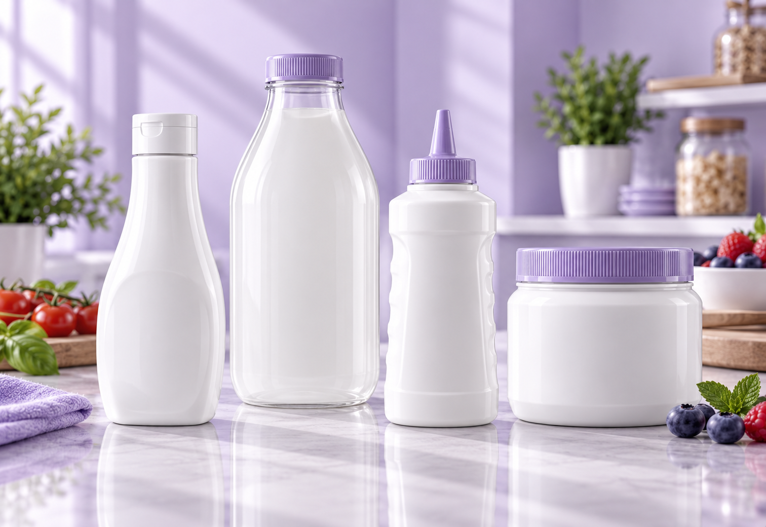 Food and beverage packaging including bottles, wide mouth jars and condiment containers