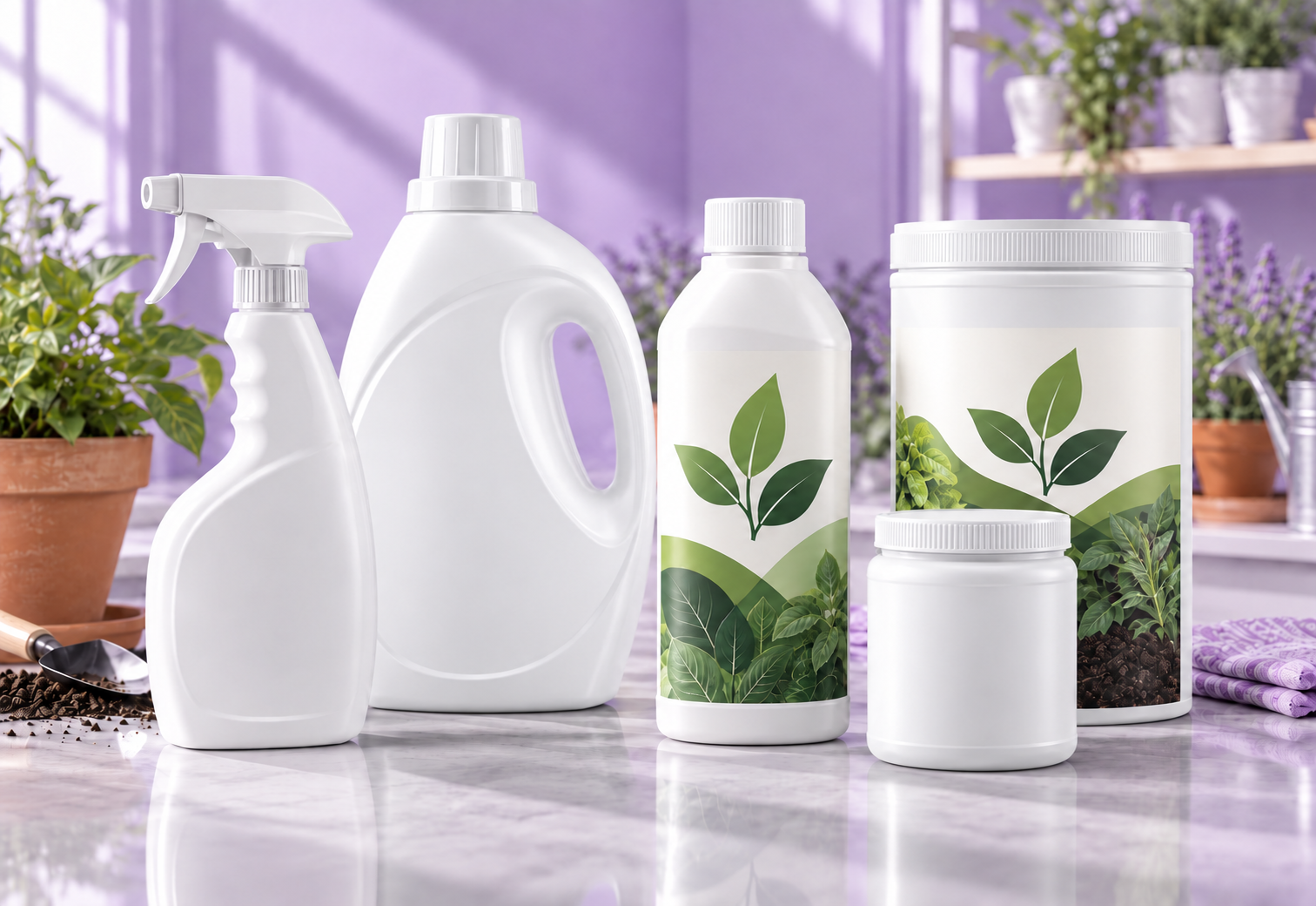 Home and garden packaging including lawn treatment bottles and handled chemical containers