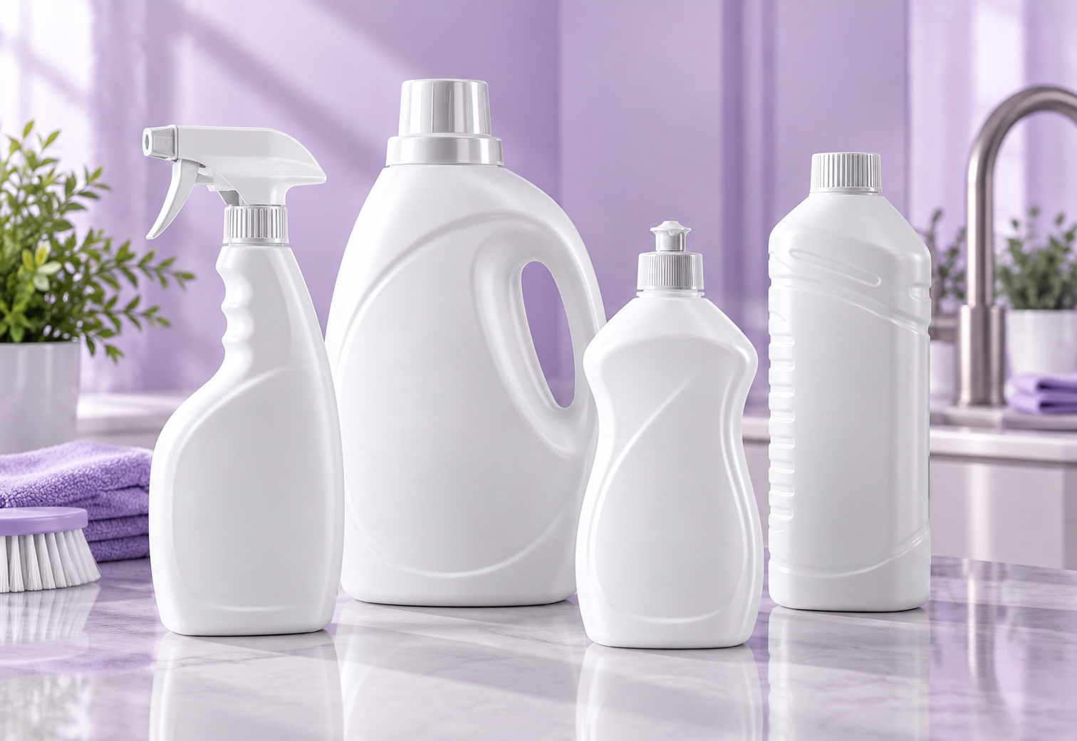 Household cleaner packaging including trigger spray bottles and detergent containers