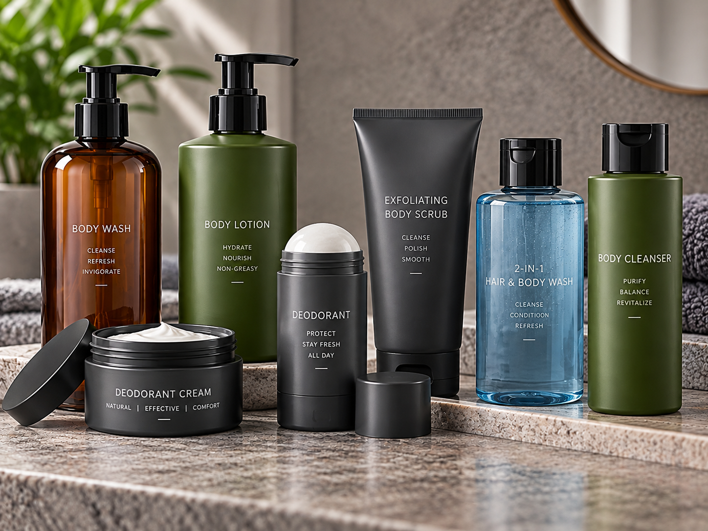 Men's body care packaging featuring amber and olive-green pump bottles, charcoal squeeze tube, blue body wash bottle, deodorant stick and deodorant cream jar.