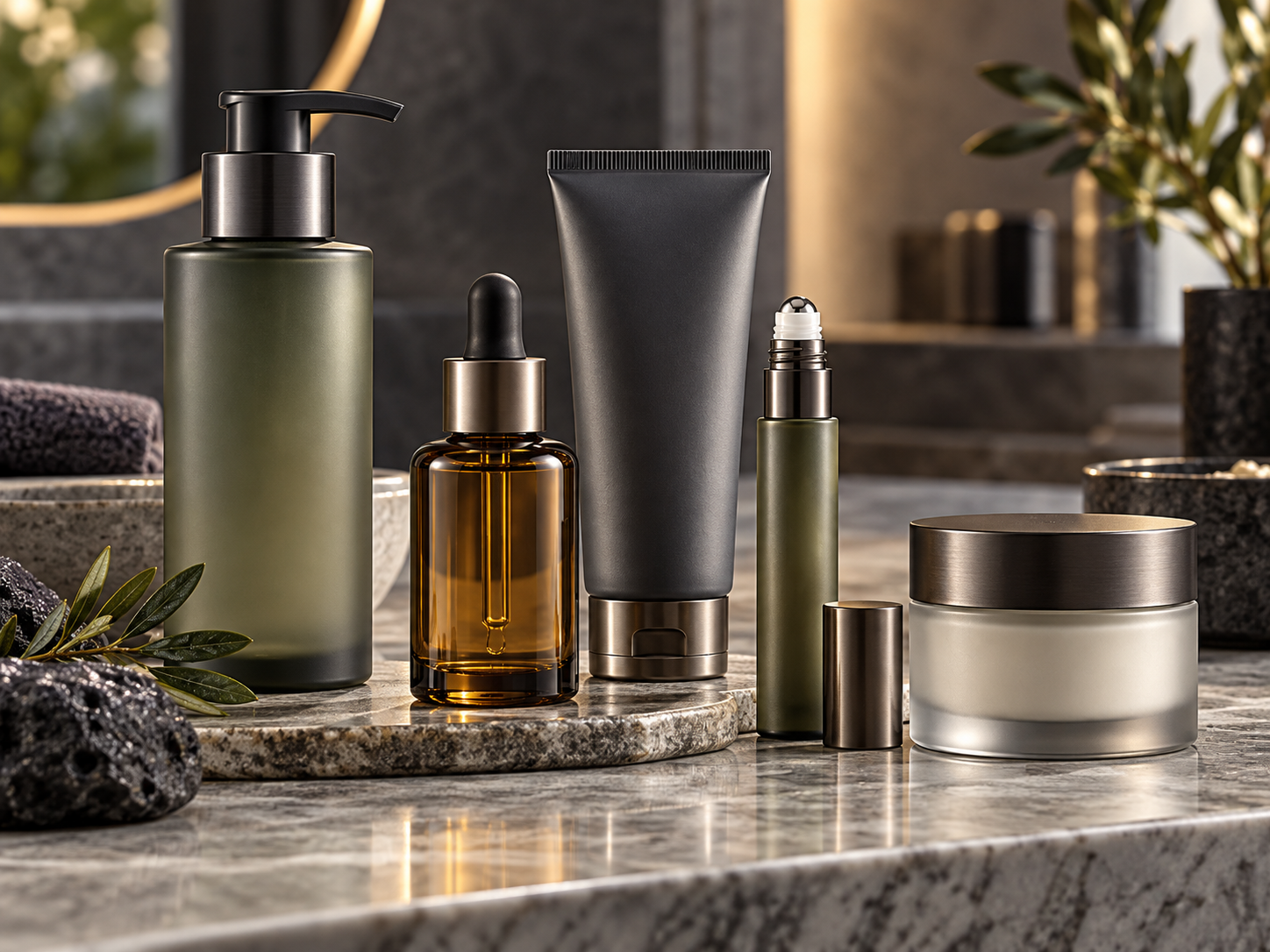 Men's facial skincare packaging featuring an olive-green pump bottle, amber glass serum dropper, charcoal treatment tube, precision rollerball applicator and moisturizer jar.