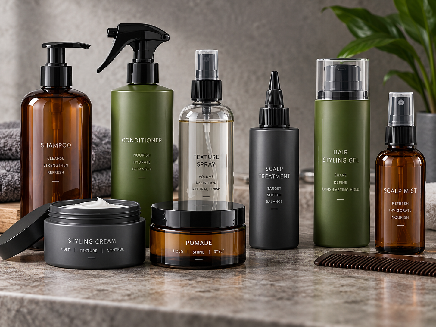Men's hair styling and scalp care packaging featuring shampoo and conditioner pump bottles, trigger sprayer, fine-mist bottles, precision scalp applicator and pomade jars.
