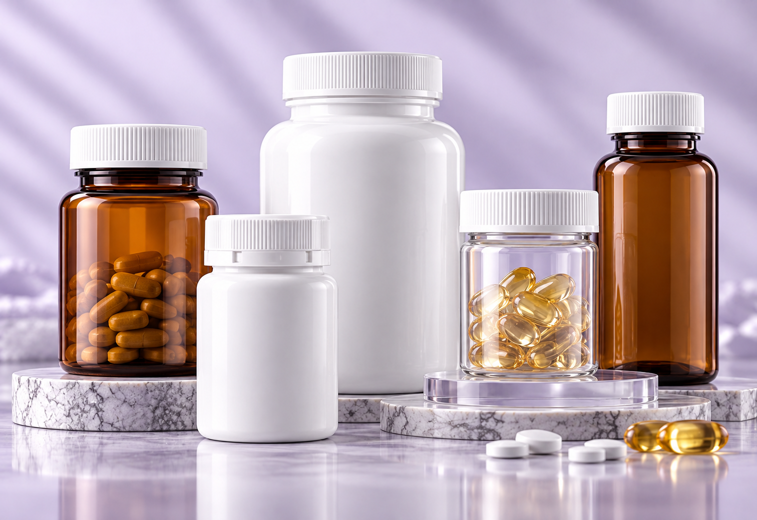 Pharmaceutical packaging including amber and white rigid bottles with closures