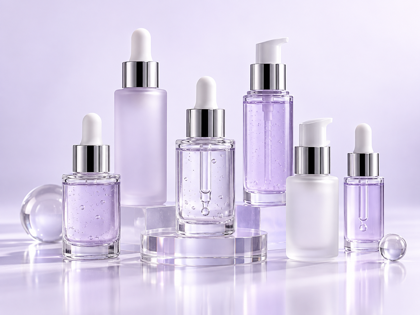 Clear and frosted skincare serum bottles with glass droppers and pump dispensers in a clinical skincare packaging display.