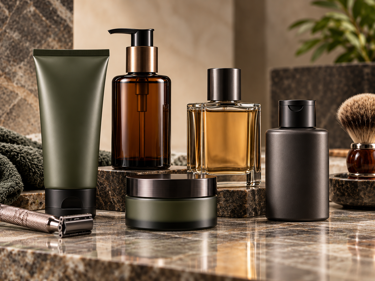 Men's shaving and aftershave packaging featuring an amber pump bottle, olive-green squeeze tube, balm jar, glass aftershave bottle and charcoal bottle with dispensing closure.